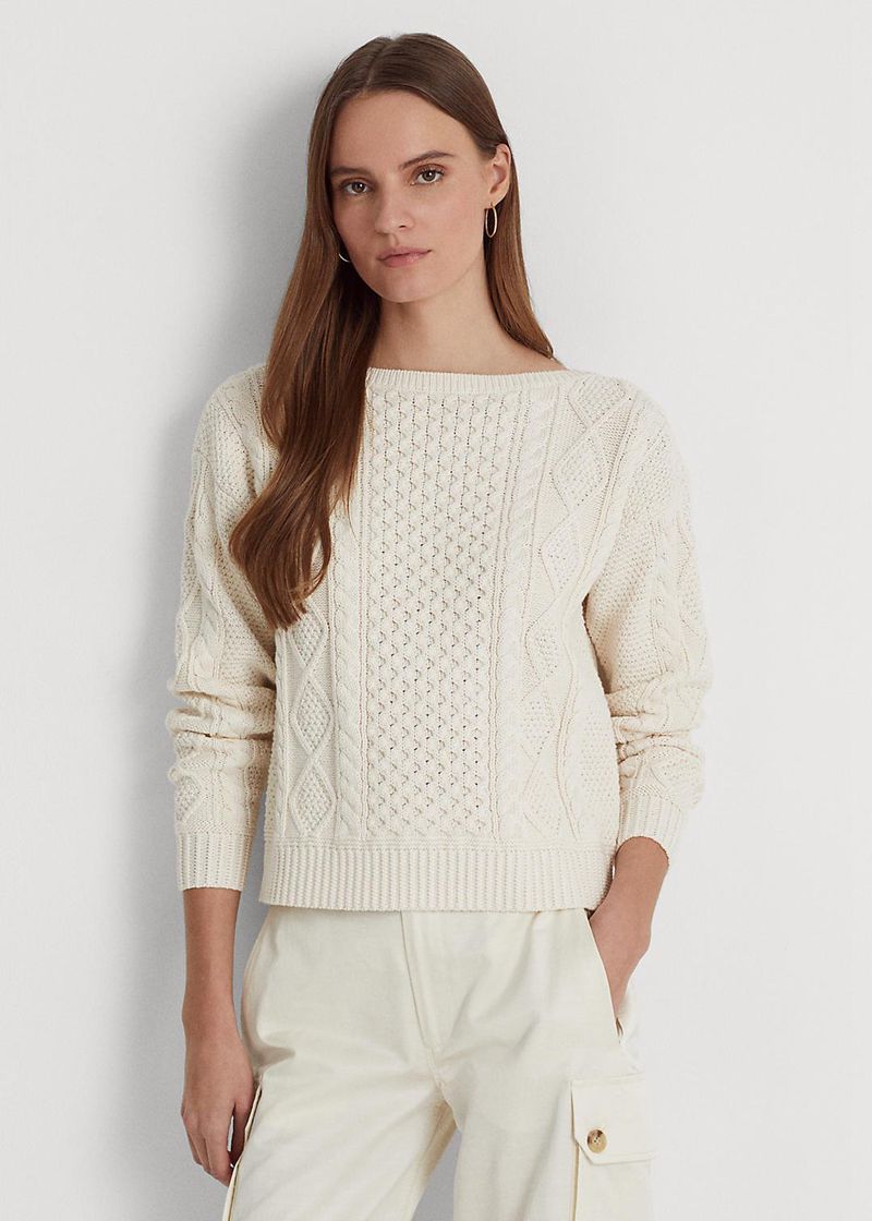 Sueter Lauren Mujer Aran-Knit Cotton Boatneck Jumper Chile Blancas PFGDN-1059